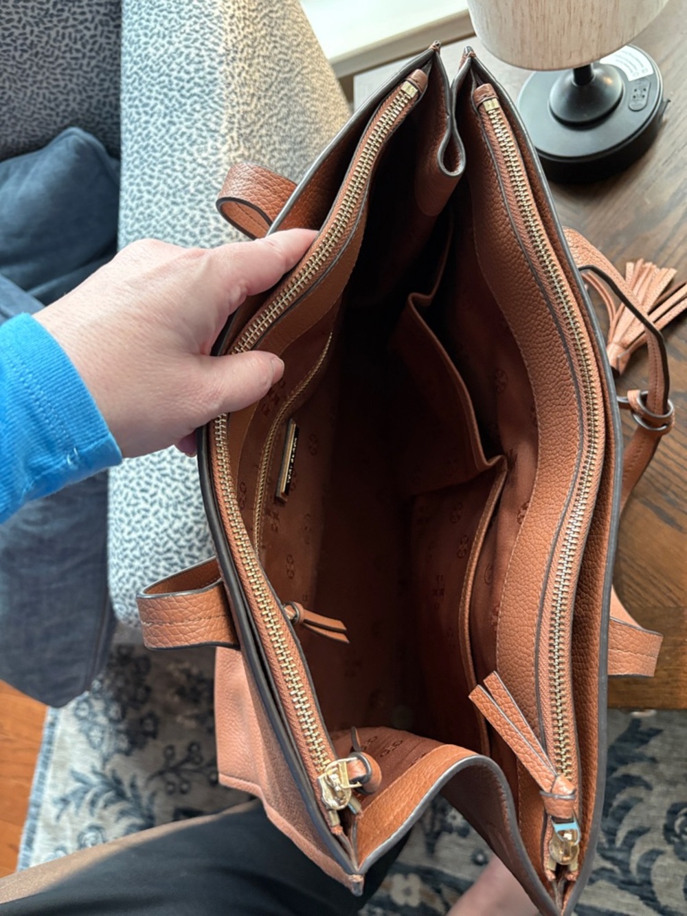 Tory Burch Chestnut Brown Pebbled Leather Tote with Tassel - Picture 9 of 10